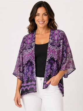 Purple Black Paisley Sheer Open Front Kimono Cardigan Size M Boho
